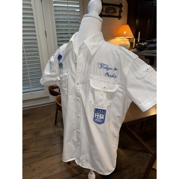 Henry Choice Blue Jeans White Short Sleeve Shirt L Tokyo Osaka Japan Patches - Picture 2 of 14